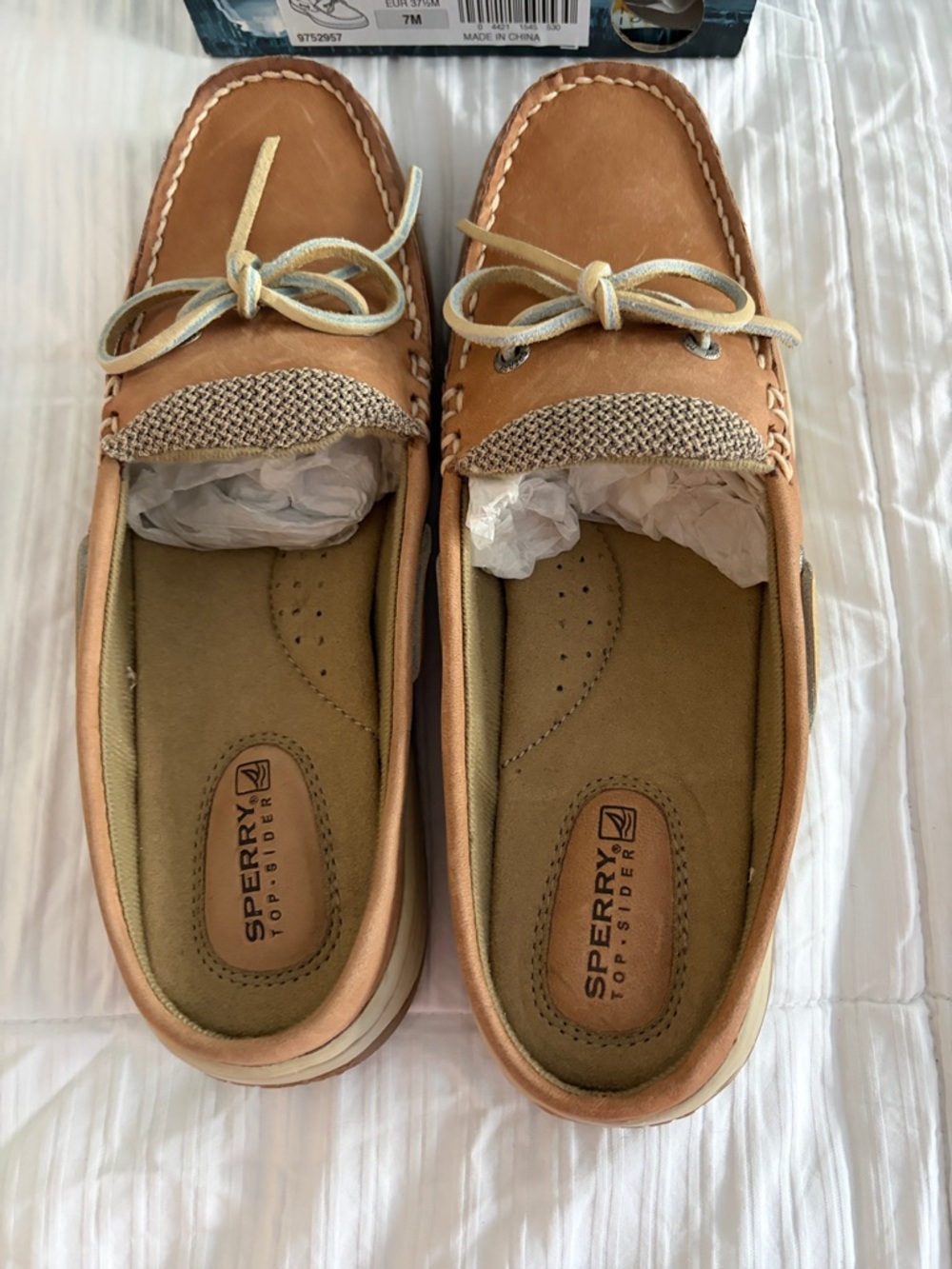 Sperry Tan Leather Slip-On Driving Mules with Rope Trim